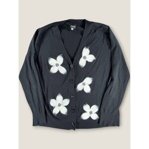 Aaeda Size L Black Cardigan Sweater Fuzzy White Floral Applique Button Up